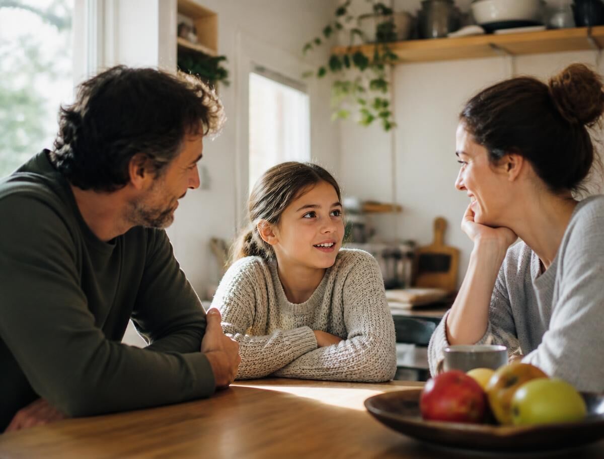 Pai e mãe conversando com a filha na cozinha de casa, em clima de acolhimento