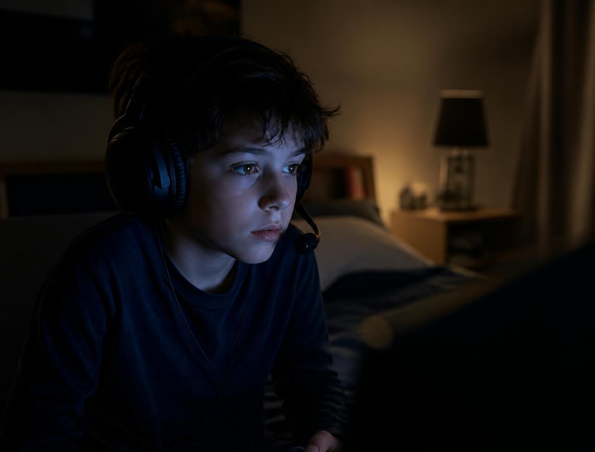 Criança sozinha no quarto à noite, com fones de ouvido, iluminada pela tela